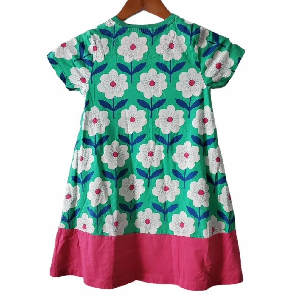 Mini Boden Little Girls Floral A-Line Pink‎ Green Jersey Cotton Shirt Dress 7-8Y